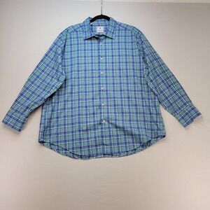 David Donahue Button Down Shirt Mens XXL Blue Green Plaid Cotton Long Sleeve